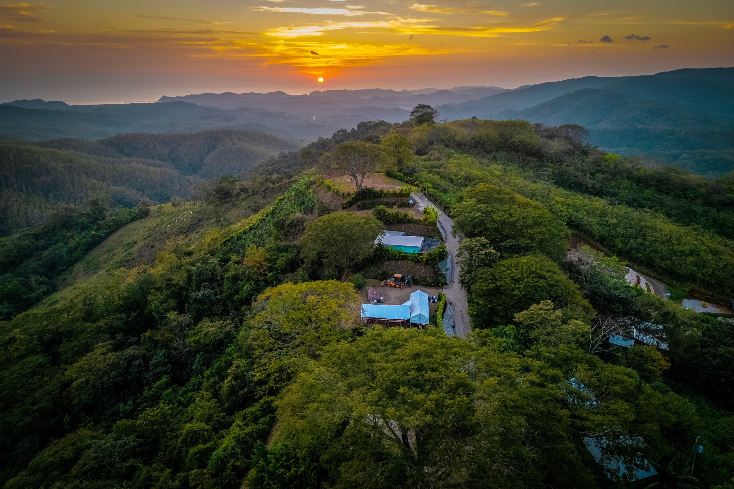 Aerial of Hacienda Chinampas on the ridgeline above Chinampas, Guanacaste